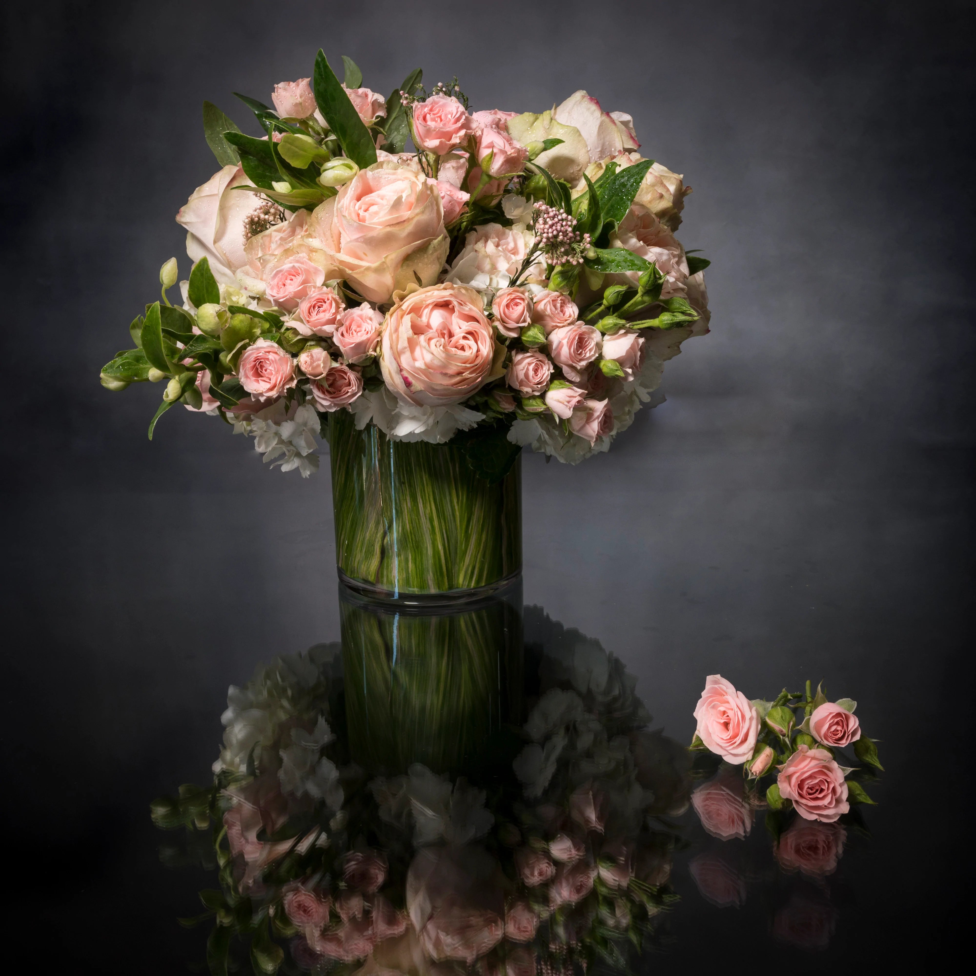 DSC0133_1-1 Beverly Hills Florist offers same day delivery. Includes pink Roses, pink Spray Roses, Seasonal greens and white Hydrangeas. Birthday flowers, Thinking of you flowers, Congratulations flowers, Thank you flowers, welcome flowers.