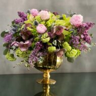 Beverly Hills Florist presents our Lovely arrangement for same day delivery ! Our team presents this double sided arrangement on a gold pedestal bowl. Floral includes pink peonies, cymbidium orchids, thistle, and lilac. Due to the season, flowers may vary. A romantic way to sat I love you. Perfect for Love and Romance, Thank you or for your someone special !