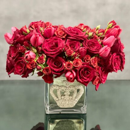 Love, Love, Love! Beverly Hills Florist presents My Queen for some day delivery ! A cluster of red tulips and roses in a bejeweled crown silver glass vase. Beautiful way to tell someone you love them and appreciate them !