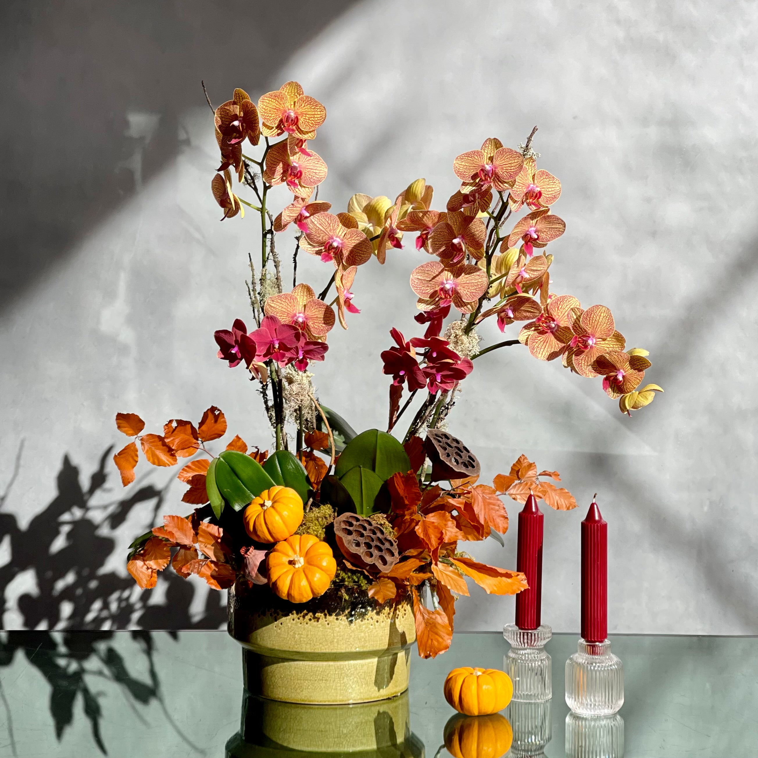 Orchids_Orange_Pumpkins_Fall_Autumn_Purple_Orchids_Dried_Leaves5 Falling Orchids - beverlyhillsflorist