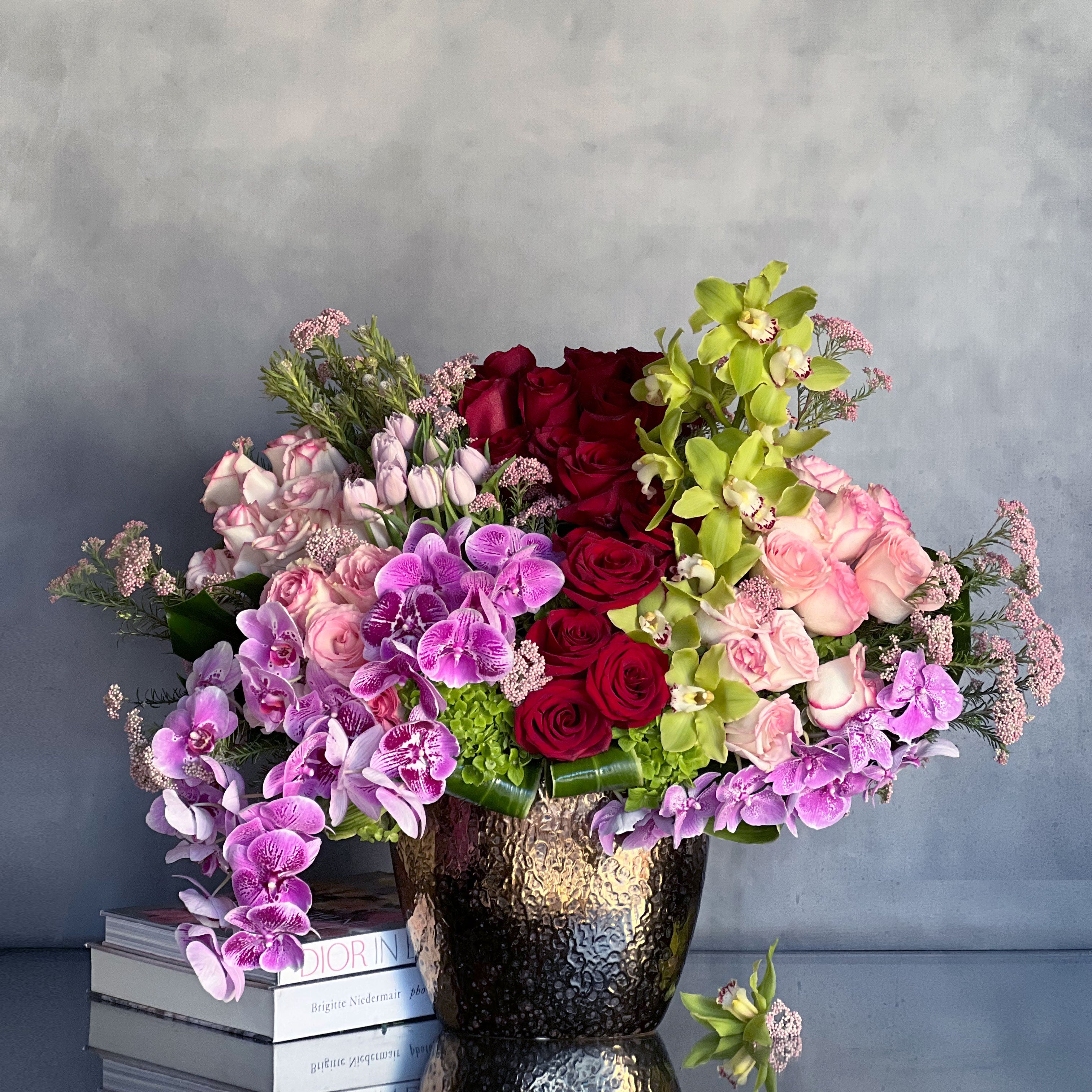 ROSE_ORCHIDS_TULIPS_PINK_RED_GREEN Fun and Colorful Sophistication - beverlyhillsflorist