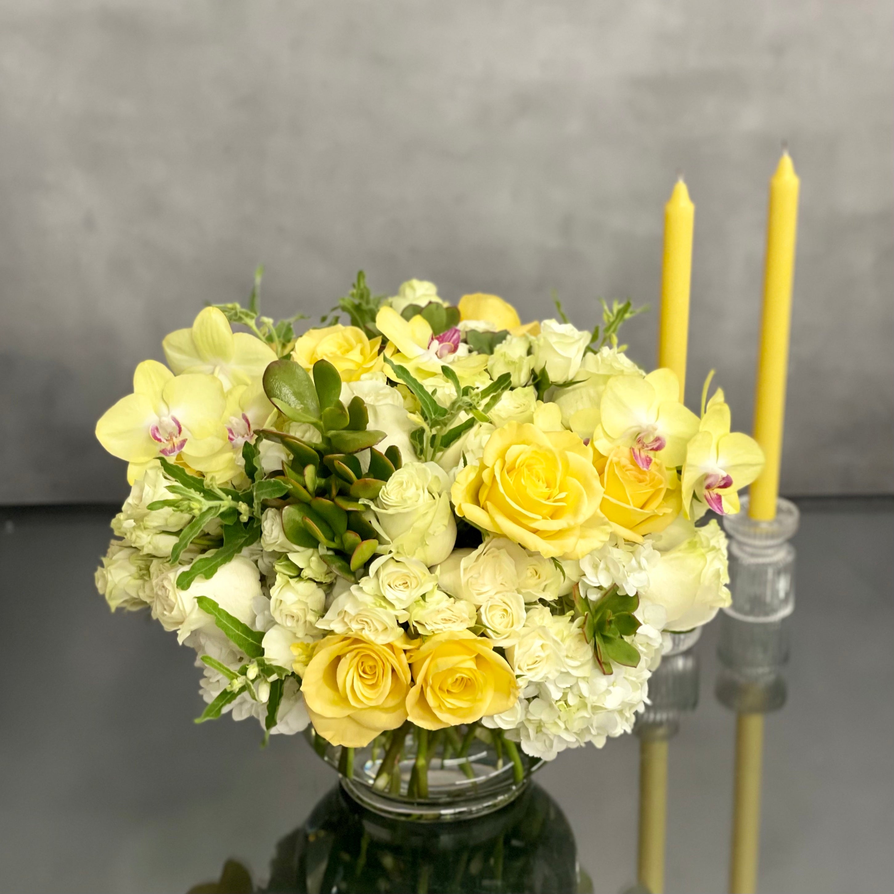YellowRoses_Orchids_WhiteRoses_Succulents_andSeasonalBlooms2 Serenade in yellow and white - beverlyhillsflorist
