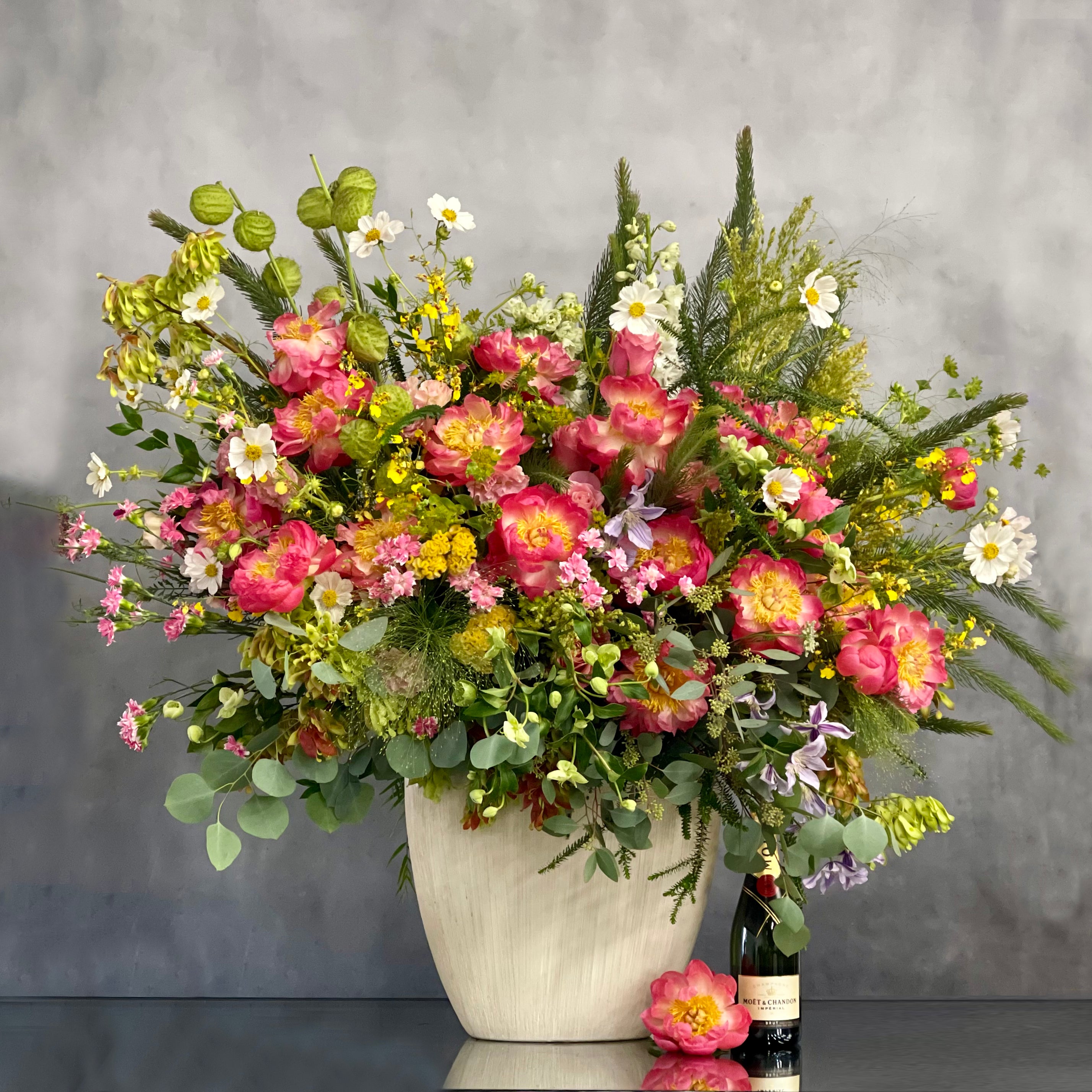 grand-floral-statement-peonies-cosmos-wild-florals-beverly-hills-florist12 Grand floral arrangement with peonies, cosmos, and wild florals in a white ceramic vase – 4.5 feet tall, available for same-day delivery by Beverly Hills Florist.