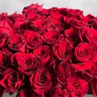 Kiss from a Rose arrangement with up to 75 fresh roses in a minimalist 7-inch glass vase lined with leaves, measuring 14 inches tall and 15 inches wide.