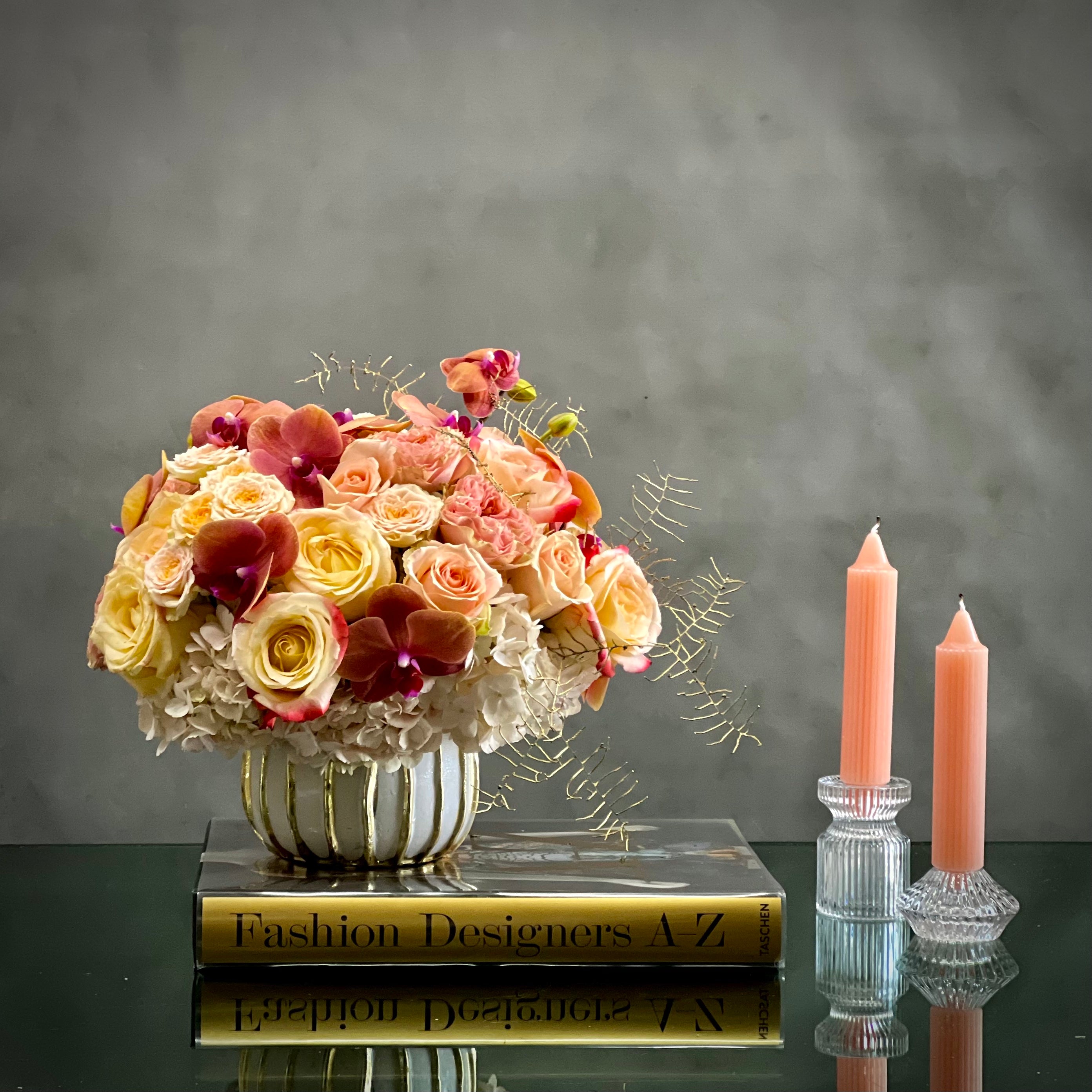 peach_orange_roses_orchids Beverly hills Florist has this bouquet for same day delivery . Including Yellow Roses, Orchids, Hydrangeas, Baby roses. Perfect for, get well, birthdays and more !