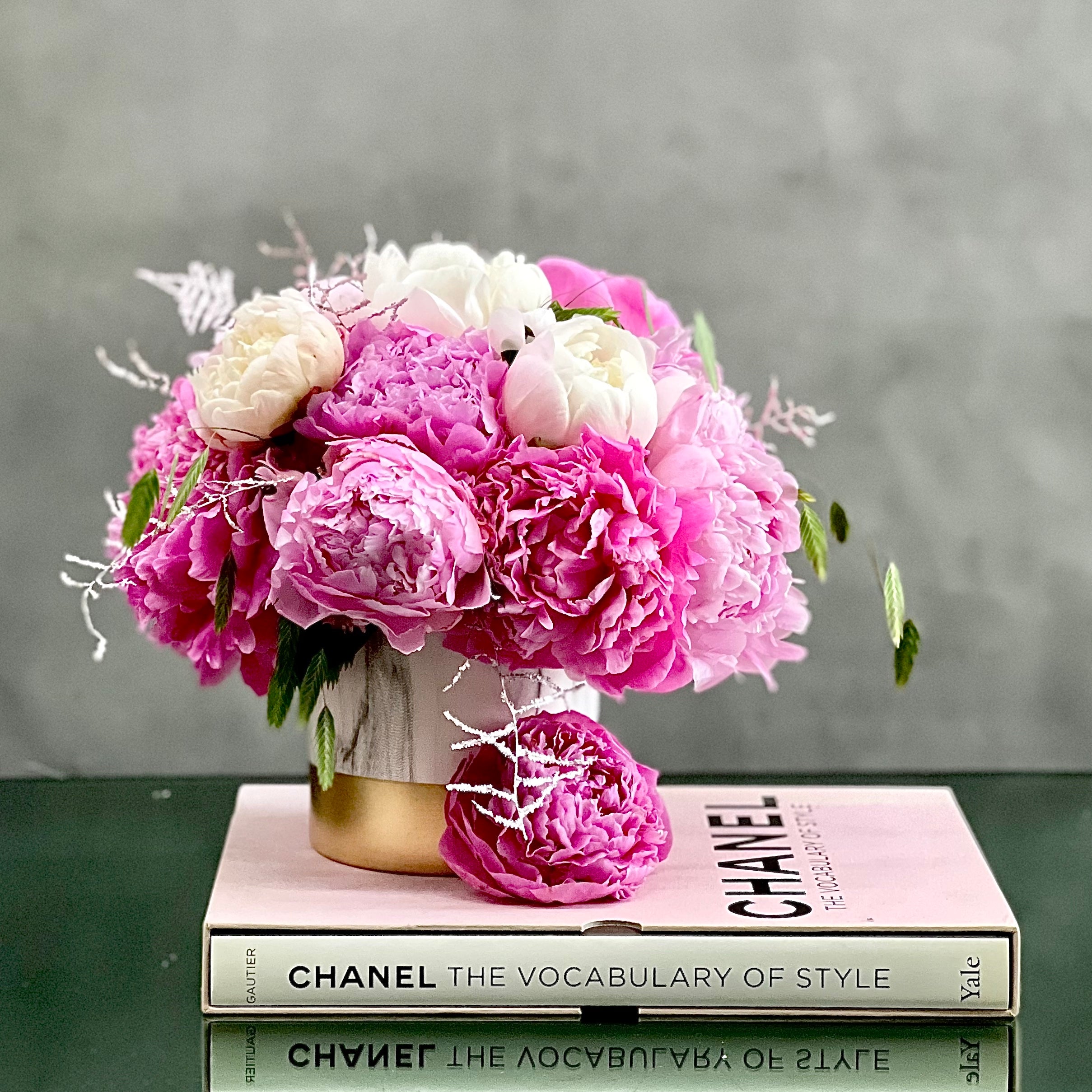 pink_coral_white_peonies My Beverly Hills Florist presents this beautiful tri-color Peonies gathered in a 6" Ceramic vase - Lush and full of life and ready for same day delivery. Includes, Pink Peonies, White Peonies and mixed Greens in a marble vase. Love and Romance flowers, get well flowers, Birthday flowers