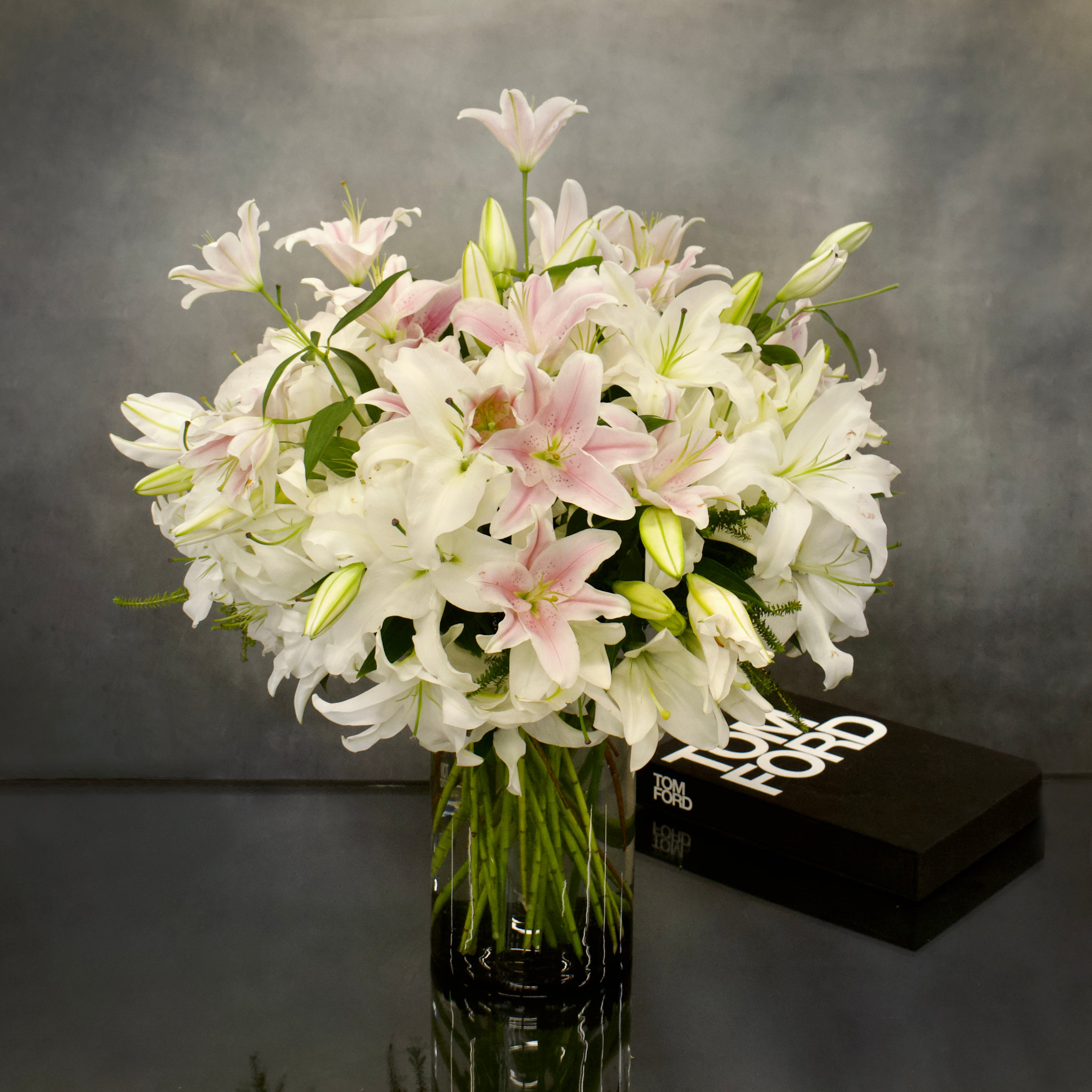 pinkandwhitecasablancasLillies_IMG_1527 Duet Casablanca In A Vase - beverlyhillsflorist