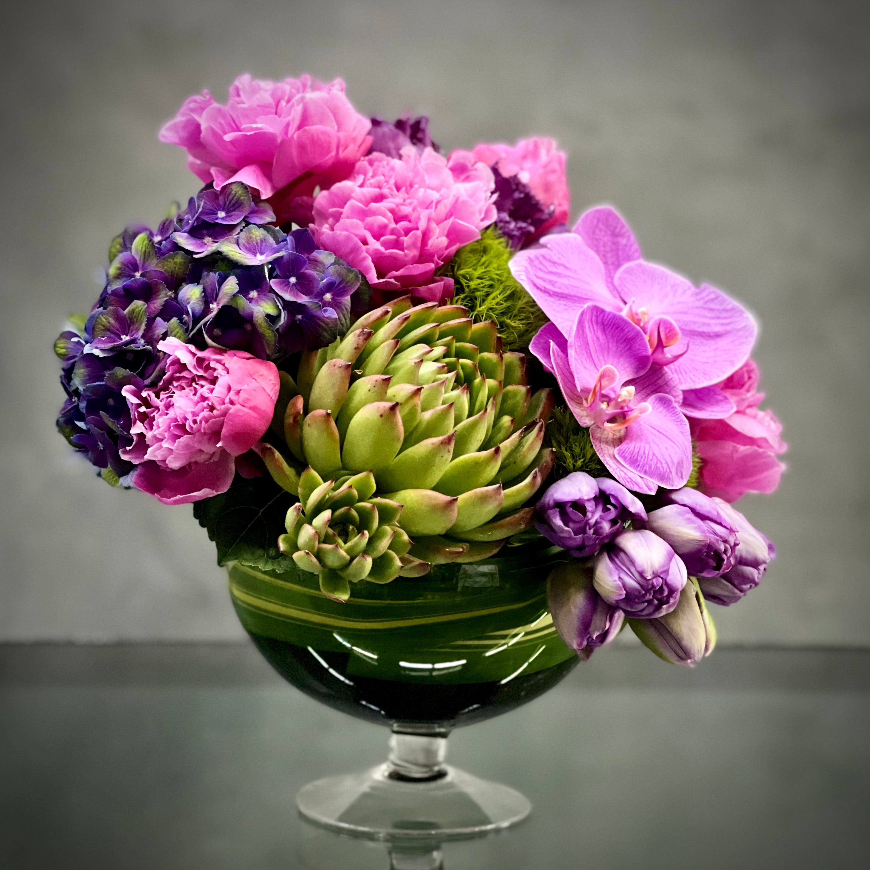 succulent_pink_peony_tulips_bowl Blooming Beauty - beverlyhillsflorist
