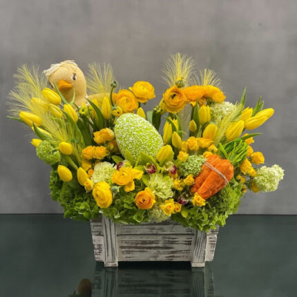 Miss Sunshine Easter Tulip & Orchid Arrangement with Egg Accessories
Easter Tulip and Orchid Bouquet for Same-Day Delivery Beverly Hills
Bright Yellow Miss Sunshine Flower Arrangement with Egg Décor
Spring Flowers for Easter Same Day Delivery Los Angeles
Miss Sunshine Tulip, Ranunculus, Cym Orchid Arrangement