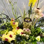 Beverly Hills Florist presents Blooming Birch for same day delivery ! Yellow Orchids, Blue Thistles, Blue Delphinium and seasonal greens with Hydrangeas