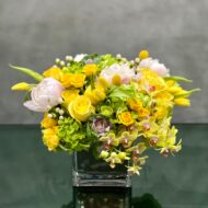 Beverly Hills Florist presents Mellow Yellow for same day delivery! Includes, Yellow Roses, White and light pink Peonies, Green Hydrangeas, Baby  Orchids, cabbage, yellow Tulips and seasonal berries